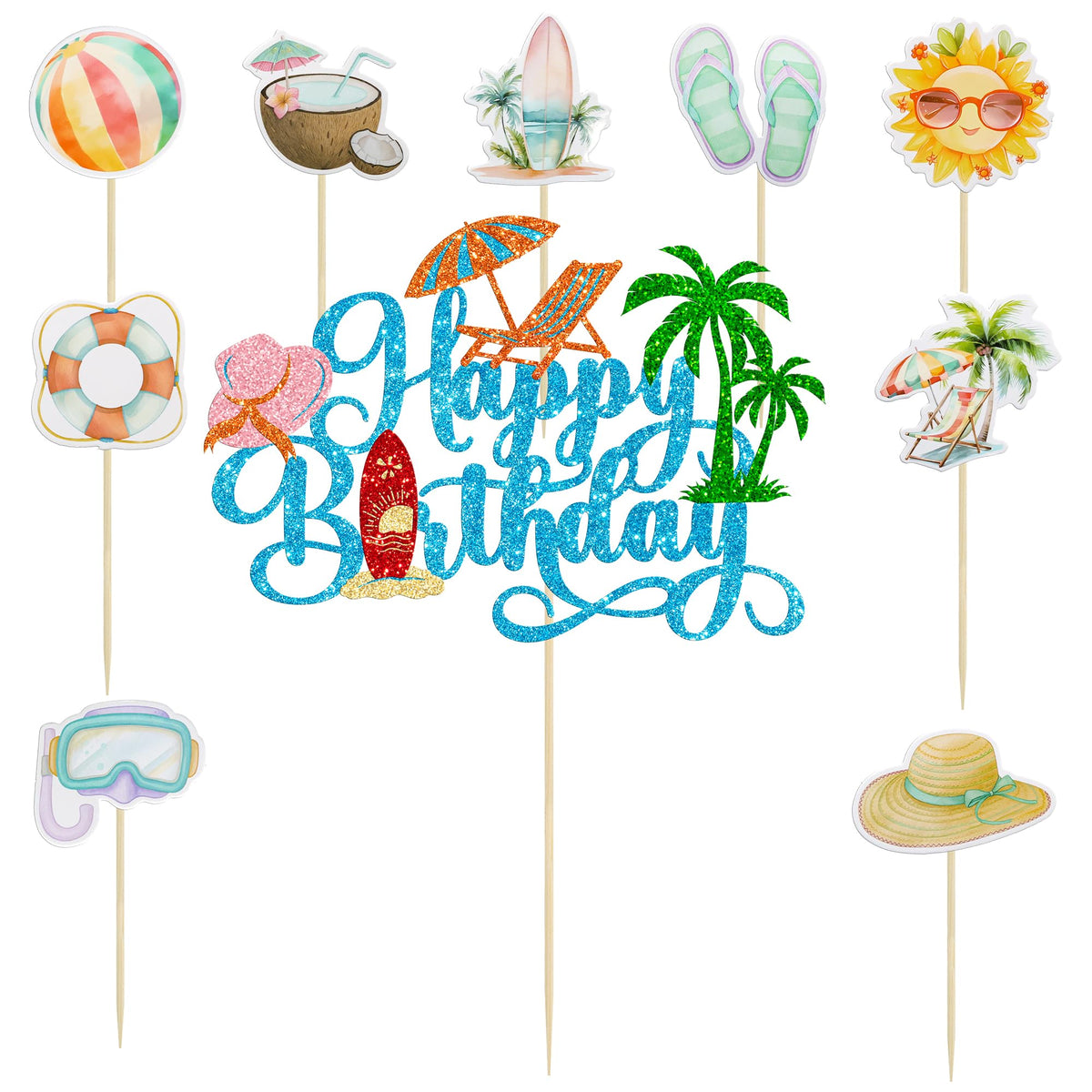 37Pcs Summer Beach Pool Cupcake Toppers Glitter Beach Happy Birthday Cake Topper Ball Sun Umbrella Water Gun Cupcake Picks for Tropical Hawaii Theme Birthday Party Decorations Supplies Blue (Blue 3)