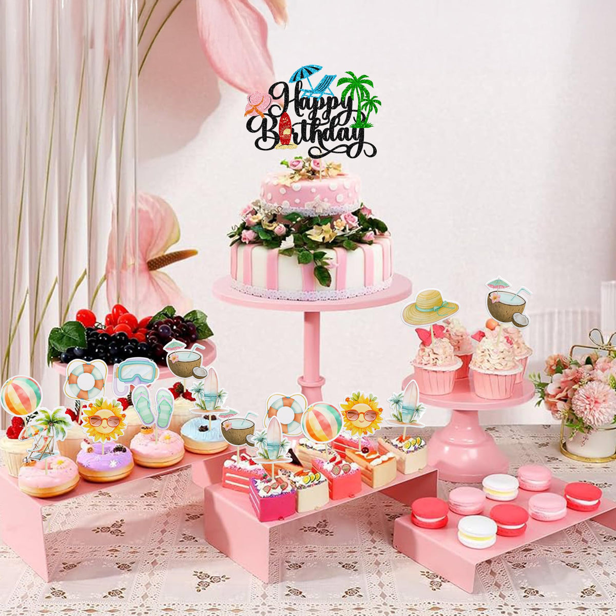 37Pcs Summer Beach Pool Cupcake Toppers Glitter Beach Happy Birthday Cake Topper Ball Sun Umbrella Water Gun Cupcake Picks for Tropical Hawaii Theme Birthday Party Decorations Supplies Black (Black 3)