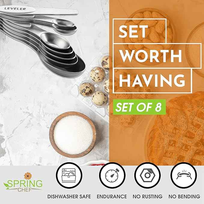 Spring Chef White Stainless Steel Magnetic Measuring Spoons Set of 8 with Leveler, Dual Sided Metal Teaspoon & Tablespoon Measuring Spoons, Fits in Spice Jars, Kitchen Gadgets for Baking & Cooking