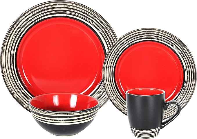 16 Piece Dinnerware Set, Ceramic Plates and Bowls Sets for 4, Microwave and Dishwasher Safe, Handcrafted Tree Bark Series Dish Set, Strawberry/Red