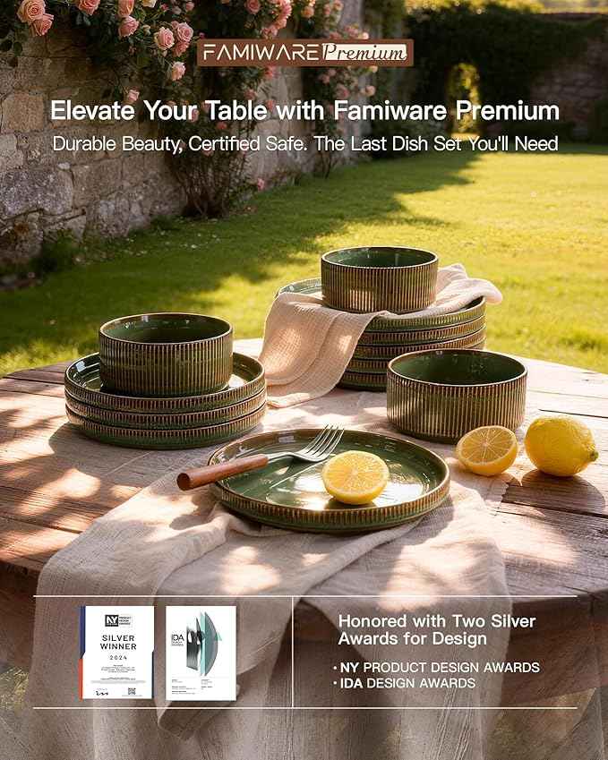 Stoneware Dinnerware Sets, Handcrafted Double Reactive Glaze Plates and Bowls for Everyday & Formal Dining, Microwave & Dishwasher Safe, Scratch Resistant Dishes Service for 4 (12-Piece), Moss