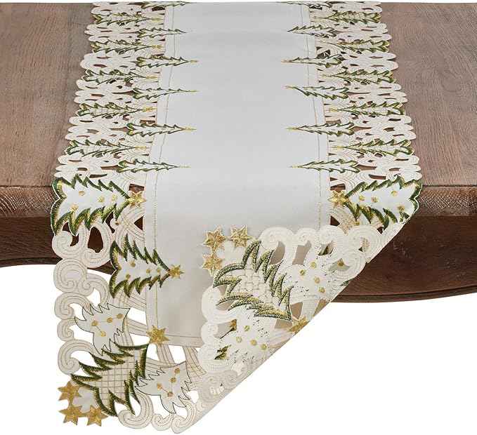 Fennco Styles Pandoro Collection Holiday Embroidered Christmas Tree Cutwork Border 16 x 68 Inch Table Runner – Ivory Table Cover for Christmas Dinner, Family Gathering, Special Events