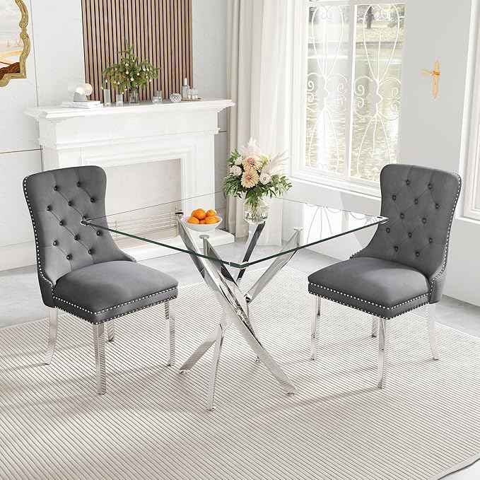 AF ARTISAN FURNITURE Square Glass Dining Table for 4, 36'' Modern Kitchen Table with Tempered Glass Top, Dining Table for Office Kitchen Living Meeting Room Small Space, Silver