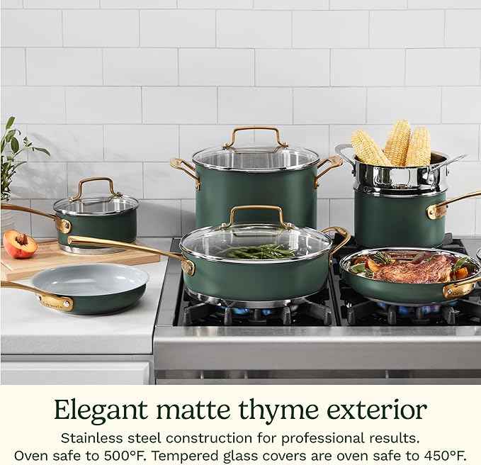 Cuisinart Cookware Set, 11 Piece Stainless Steel Cookware Pots and Pans, Home and Kitchen Durable Stainless Steel for Everyday Cooking, Matte Thyme, MT89G-11