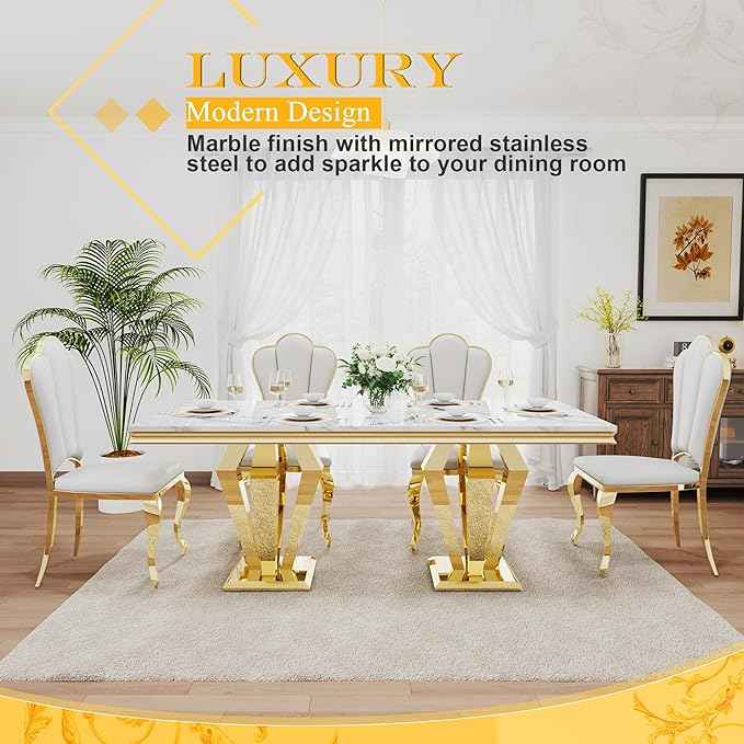 AF ARTISAN FURNITURE 7 Piece Luxury Dining Room Set, Modern Dining Table and Upholstered Chairs Set, Marble Kitchen Table Set for 6, Big Kitchen Dinner Tables Kit with Gold Base