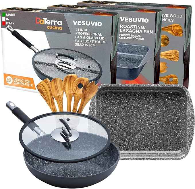 DaTerra Cucina Nonstick Italian Bundle – Roasting & Lasagna Pan, 11" Frying Pan with Lid, 5-Piece Olive Wood Cooking Utensils Set – Oven Safe, PTFE & PFOA Free - Made in Italy, Ceramic