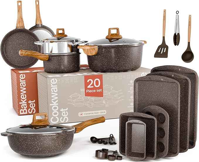Bakken Master 20 Piece Cookware Set - Pots and Pans with Handle Grips and Tempered Glass Lids, With 6-piece Bakeware Set, Nonstick Granite Coating, Ceramic Max Temperature (Up To 500°F), Brown Marble