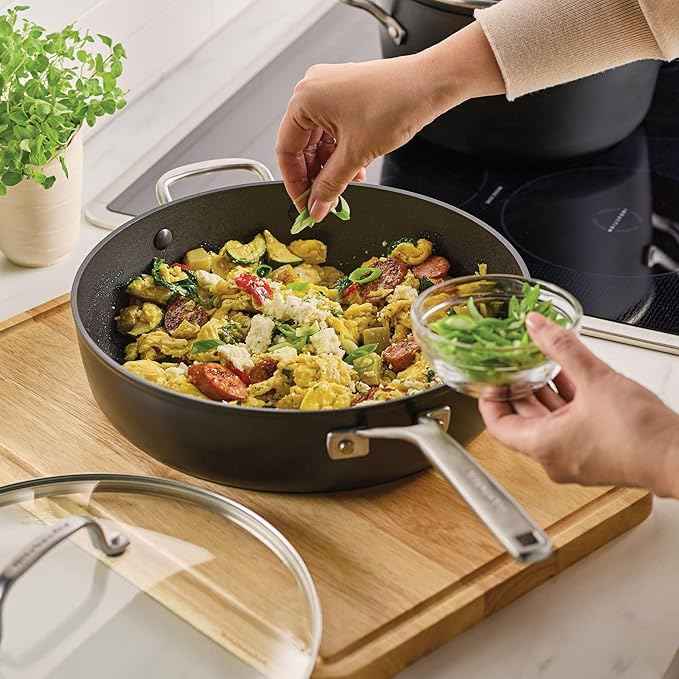 KitchenAid Hard Anodized Induction Nonstick Cookware Saute Pan/Jumbo Cooker with Lid and Helper Handle, Dishwasher Safe, 5 Quart Non Stick Sauteuse with Stainless Steel Handles - Matte Black