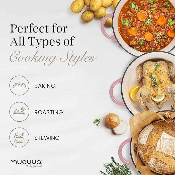 Nuovva Enamelled Cast Iron Dutch Oven Pot with Lid 6.4 Quart Non Stick Casserole Pot – Heavy Duty & Oven Safe up to 500° F for Bread Baking, Braising, Stews, Roasting – 28cm Pink
