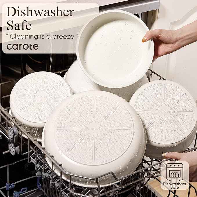 CAROTE Pots and Pans Set Non Stick, Cookware Sets, Kitchen Set, Oven/Dishwasher/Fridge Safe, Space Saving Pots Set, Nonstick Set with Versatile Detachable Handle, Induction RV Set, Cream