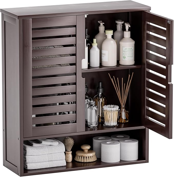 SMIBUY Bathroom Cabinet Wall Mounted, Bamboo Over-The-Toilet Storage Organizer, Space Saver Medicine Cabinet with 2 Door and Adjustable Shelves (Dark Brown)