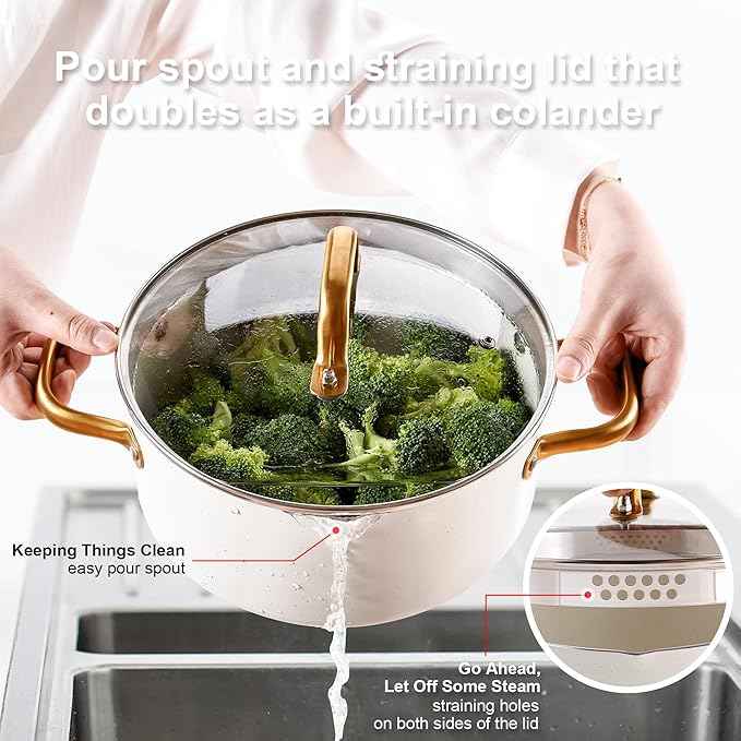 Pots and Pans Set - VONIKI Nonstick Granite Cookware Set, Gold Kitchen Cookware Sets, Non Toxic Cooking Pot Set, PFOA Free, Oven & Dishwasher Safe - Ideal Gift for Home Chefs