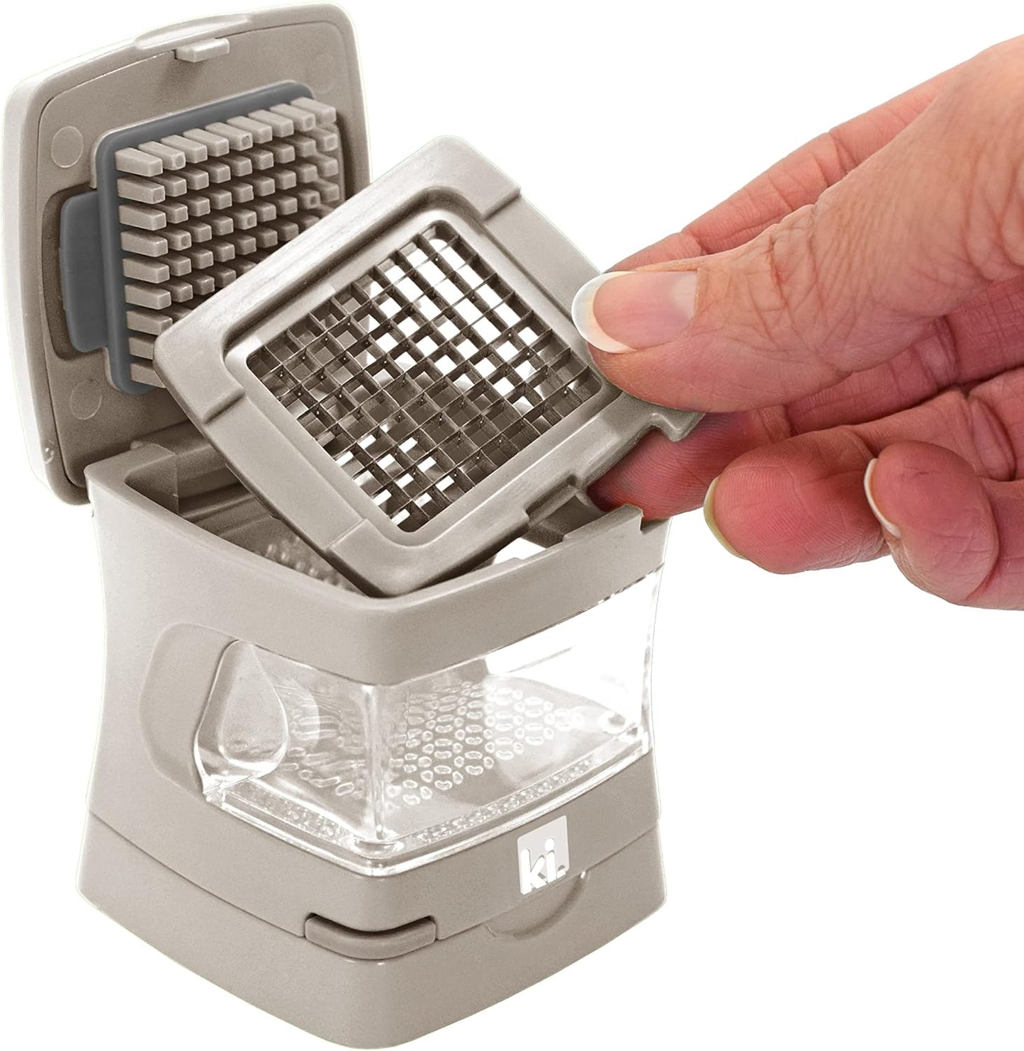 Garlic-A-Peel Garlic Press, Crusher, Cutter, Mincer, and Storage Container - Includes Silicone Garlic Peeler - Easy to Clean - Stainless Steel Blades – (Cream), standard - HomeSpice