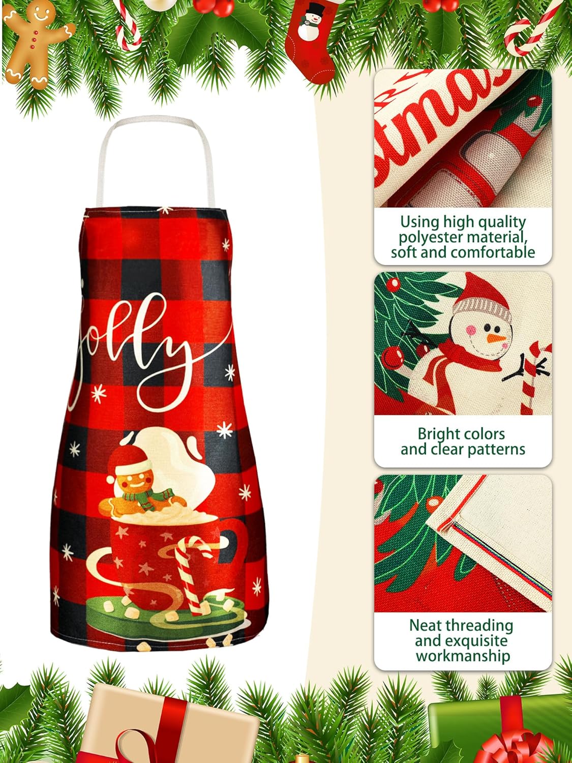 SATINIOR 4 Pcs Christmas Aprons Adjustable Kitchen Cooking Aprons Xmas Buffalo Plaid Merry Christmas BBQ Bib for Adults