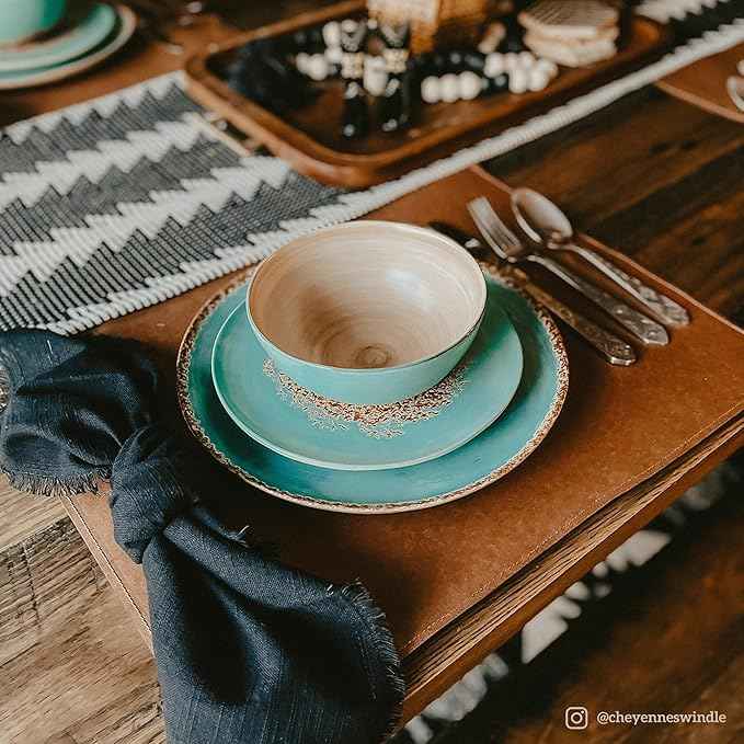Paseo Road Patina Turquoise 16 Piece Ceramic Southwestern Rustic Cabin Dinnerware Set with Plates, Bowls and Mugs