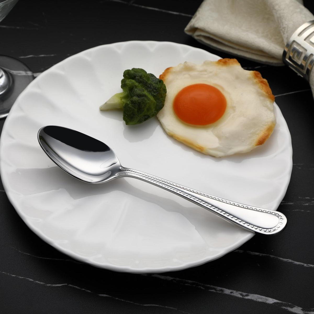 Stainless Steel Dishwasher Safe Dinner Spoons with Pearled Edge (Dinner Spoons 7.7 Inches)