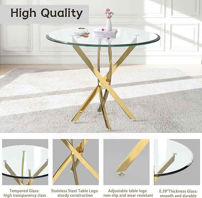 AF ARTISAN FURNITURE 36" Round Glass Dining Table for 4, Stainless Steel Legs & Tempered Glass Top, Modern Circle Leisure Table for Home Office Kitchen Dining Room Small Spaces (Gold Leg)