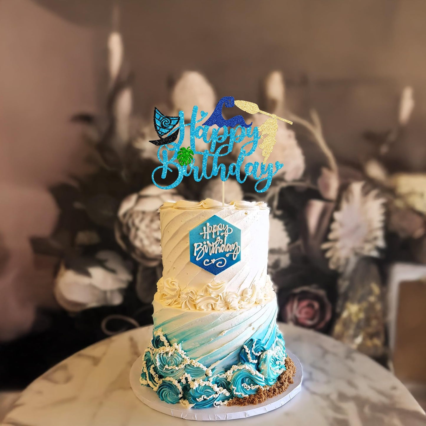 1Pcs Summer Cake Topper Glitter Tree Flower Happy Birthday Cake Pick Decoration for Tropical Hawaiian Luau Theme Baby Shower Kids Birthday Party Cake Decorations Supplies Blue (Blue 4)