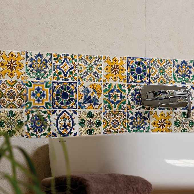 DYARI Set of 9 Decorative Ceramic Tiles – Hand Painted Indoor & Outdoor – Artisan Top Kitchen – Mediterranean Decorative 4x4 / One Tile Durable Colorful (Mediterranean, 45 Tiles (5 Sq Ft))