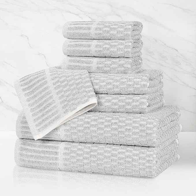 Superior Juno Viscose Cotton Blend Medium Weight Towels, for Bathroom, Shower, Spa, Plush, Quick Dry, Ultra-Soft Towels, Bath Essentials, Border Detail, 8 Piece Assorted Towel Set, Platinum