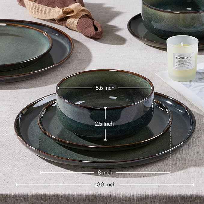 E-far Dinnerware Sets for 4, 12-Piece Stoneware Plates and Bowls Set, Ceramic Dishes Reactive Glaze Dinning Ware, Microwave & Dishwasher Safe - Obsidian Green