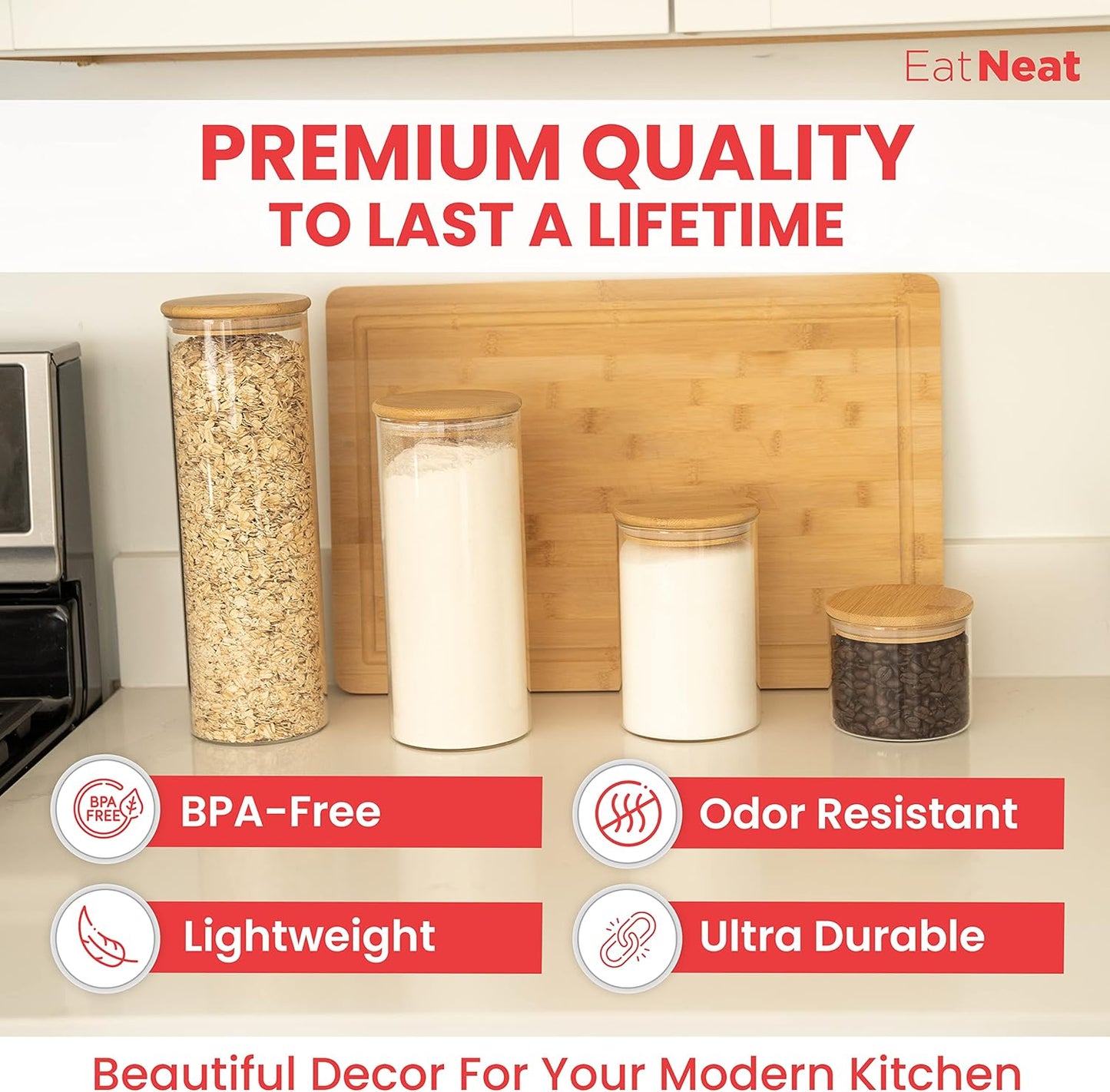 EatNeat 4‑Piece Glass Canister Set with Airtight Bamboo Lids – Giftable Kitchen Storage – Tall Jar Fits Spaghetti – 74/56/36/20 oz for Pantry, Dry Goods, Coffee, Snacks & More