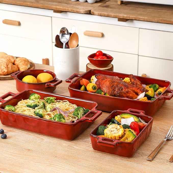 VICRAYS Ceramic Bakeware Set, Porcelain Rectangular Baking Dish, Baking Pan Lasagna Pans Casserole Dish Set for Cooking, Kitchen, Cake Dinner, Banquet, 3 PCS, 15 x 8.5 Inches (Cherry Red)