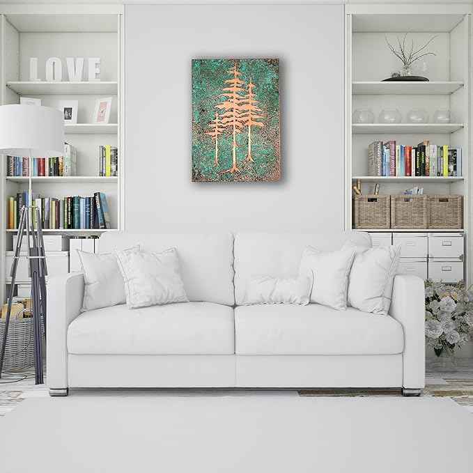 nooc art Handmade Copper Wall Art for Home, Living Room, Bedroom, Kitchen and Office Decor, Rustic Decorative Mural Art for Farmhouse Decor (Patina of Pine Tree, 9.8 x 13.8, Unframed)