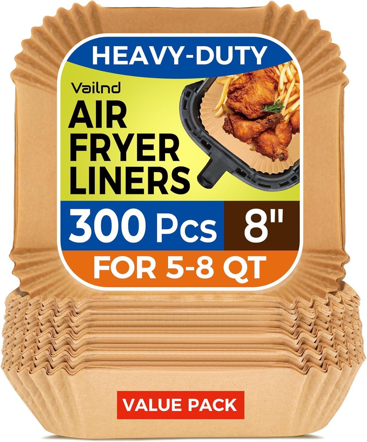 300 Pcs Air Fryer Paper Liners, 8" Square Air Fryer Liners Disposable, Heavy-duty Parchment Paper for 5-8 qt Airfryer Basket, Non-Stick & Grease Proof Baking Liner for Oven Pan
