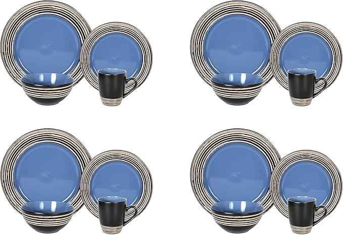 16 Piece Dinnerware Set, Ceramic Plates and Bowls Sets for 4, Microwave and Dishwasher Safe, Handcrafted Tree Bark Series Dish Set, Blue