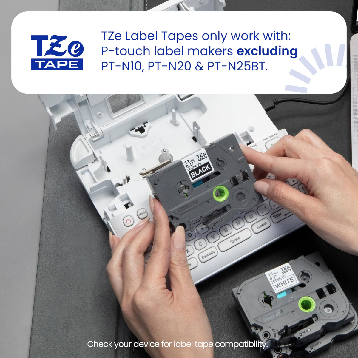 Genuine P Touch TZe White Print on Black Label Tape (White on Black / 12mm (0.47”) / Pack of 1)