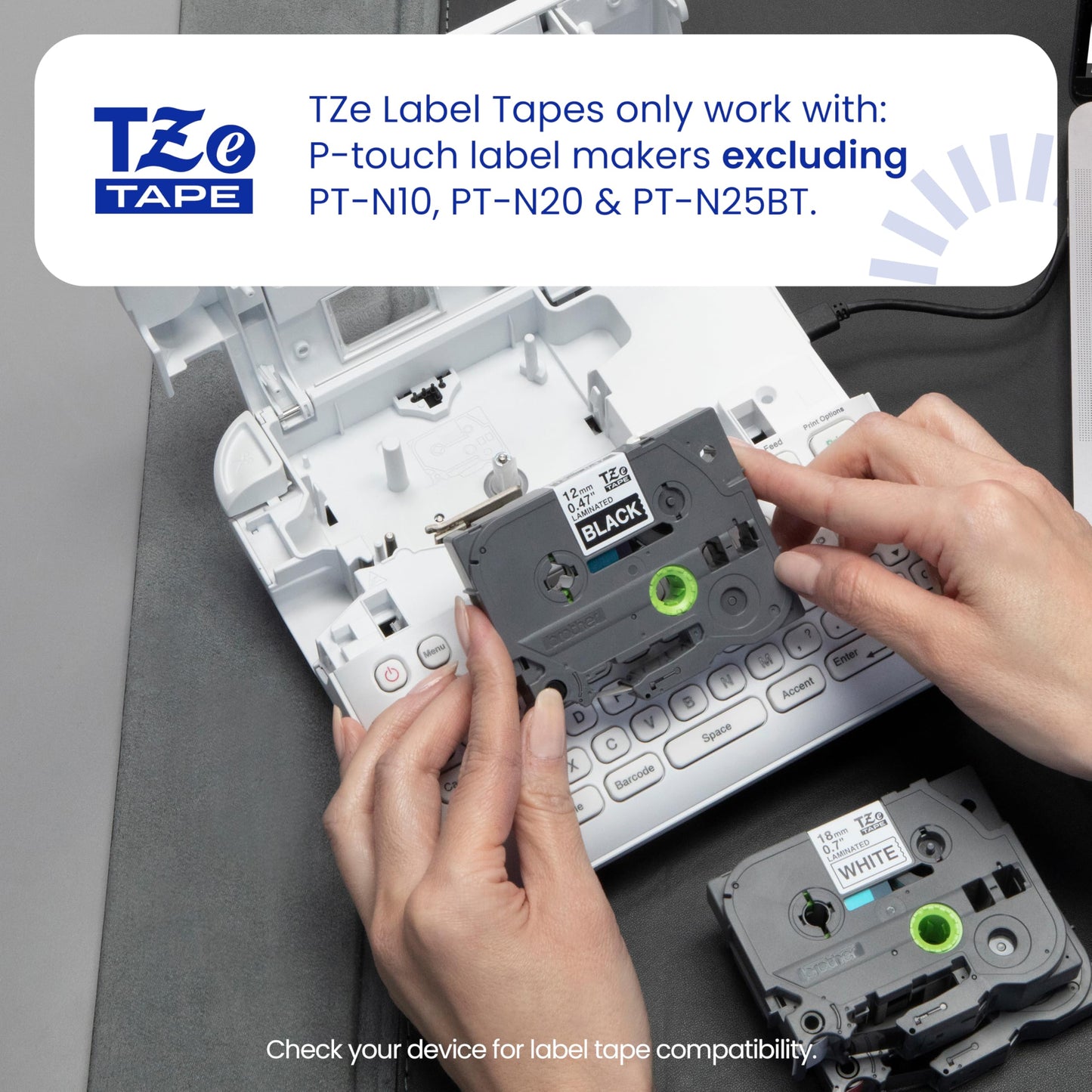 Genuine P Touch TZe White Print on Black Label Tape (White on Black / 9mm (0.35”) / Pack of 1)