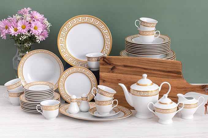 Porcelain Dinnerware Set for 8 - Luxurious 49 Piece Dish Set - White and Gold Greek Key Design - Dinner Plates, Bowls, Cups and Saucers for Everyday Dishes or Formal Occasions (Meander Gold 2049)