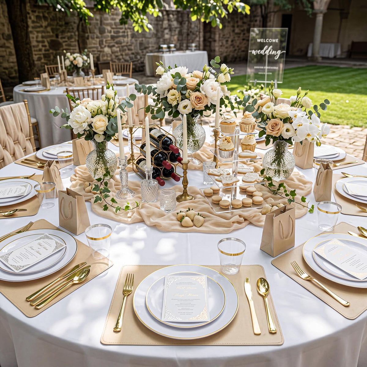 100PCS White Plates with Gold Trim (Gold / 100 count)