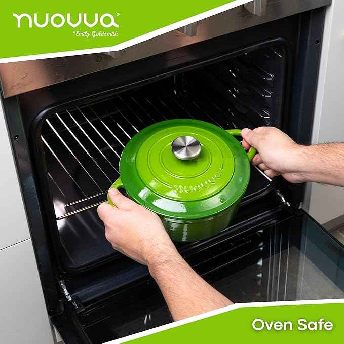Cast Iron Pot with Lid – Non-Stick Ovenproof Enamelled Casserole Pot, Oven Safe up to 500° F – Sturdy Dutch Oven Cookware – Green, 5-Quart, 24cm – by Nuovva