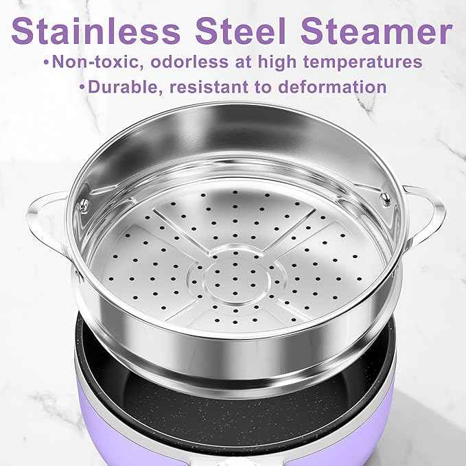 Dezin Hot Pot Electric with Steamer Upgraded, Non-Stick Sauté Pan, Rapid Noodles Electric Pot, 1.5L Mini Pot for Steak, Egg, Fried Rice, Ramen, Oatmeal, Soup with Power Adjustment