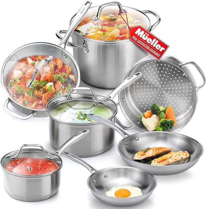 Mueller Pots and Pans Set 11-Piece, Ultra-Clad Pro Stainless Steel Cookware Set, Ergonomic and EverCool Stainless Steel Handle, Includes Saucepans, Skillets, Stockpot, Saute Pan, Steamer