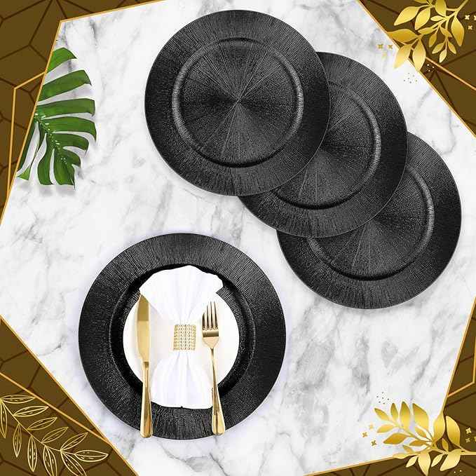 Tanlade 100 Pcs Charger Plates Bulk, 13 Inch Plastic Round Charger Dinner Plates Elegant Wedding Serving Plate for Event Tabletop Wedding Party Bridal Baby Shower Decor (Black)