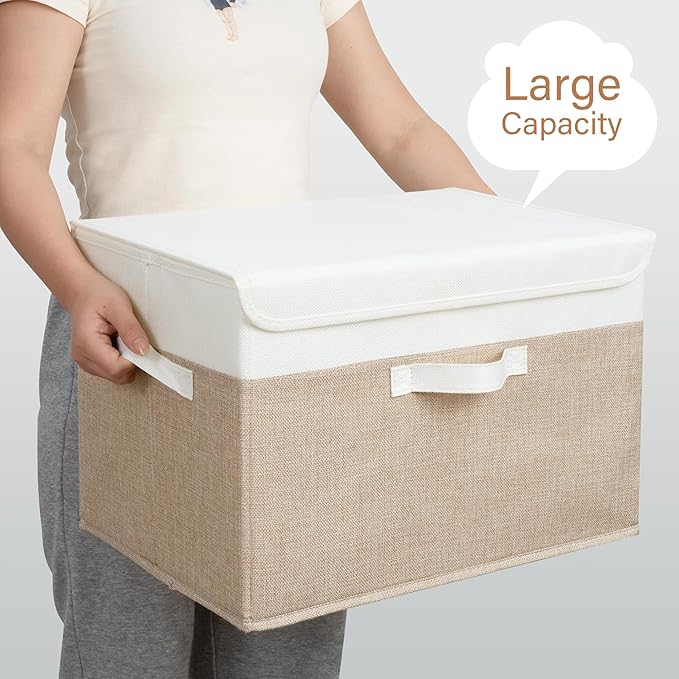 GRANNY SAYS Storage Boxes with Lids, Decorative Storage Bins, Shelf Baskets, Clothes Storage and Organization, White/Khaki, 2-Pack