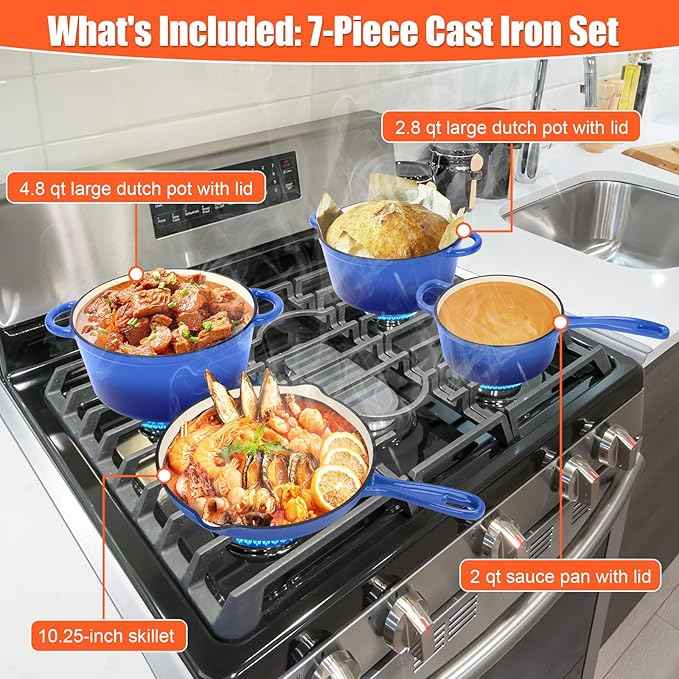 Enameled Cast Iron Cookware Set, 7-Pcs Pots and Pans with Lid, Skillet, Frying Pan, Saucepan & Dutch Oven for All Stovetops, PFA Free - Ideal for Sourdough Bread Baking, Cobalt Blue
