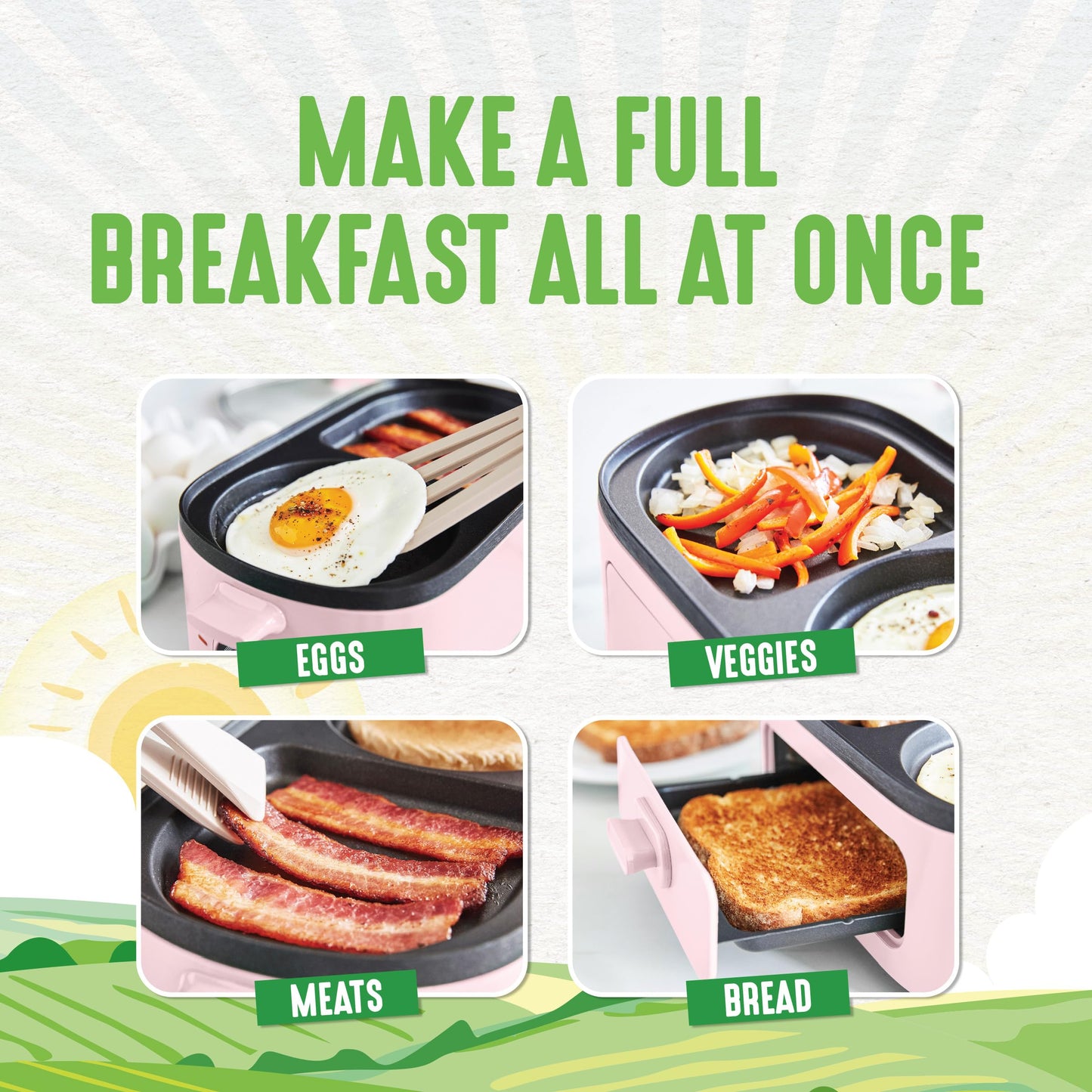 3-in-1 Breakfast Maker Station, Healthy Ceramic Nonstick Dual Griddles for Eggs Meat Sausage Bacon Pancakes and Breakfast Sandwiches, 2 Slice Toast Drawer, Easy-to-use Timer, Pink (Pink / 11" Breakfast Maker / Breakfast Maker)