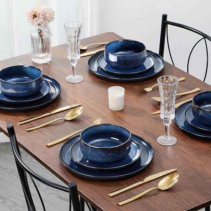 E-far Dinnerware Sets for 8, 24-Piece Stoneware Plates and Bowls Set, Ceramic Dishes Reactive Glaze Dinning Ware, Microwave & Dishwasher Safe - Deep Sea Blue