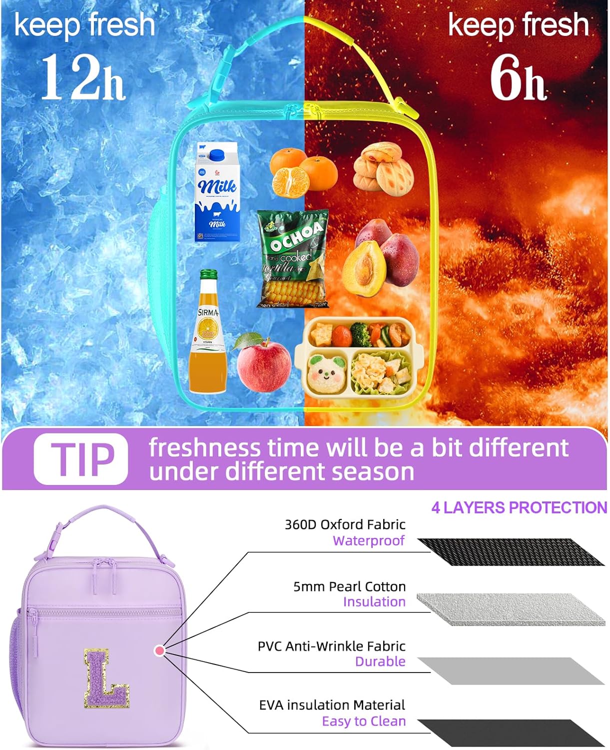 Initial Insulated Lunch Bag for Girls Kids, Back to School Gift, Reusable Leak-proof Lunch Box with Adjustable Strap for School Daycare Travel Picnic (Purple,L)