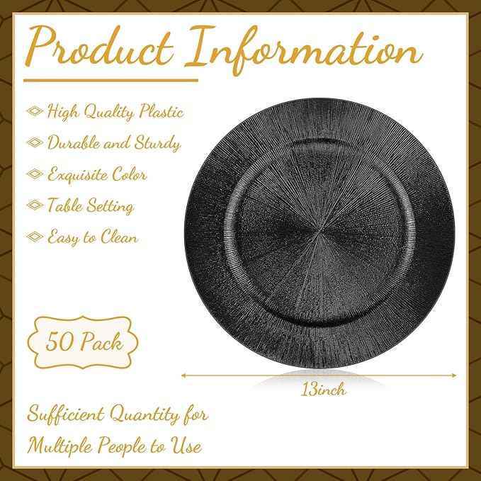 Tanlade 50 Pcs Charger Plates Bulk, 13 Inch Plastic Round Charger Dinner Plates Elegant Wedding Serving Plate for Event Tabletop Wedding Party Bridal Baby Shower Decor (Black)
