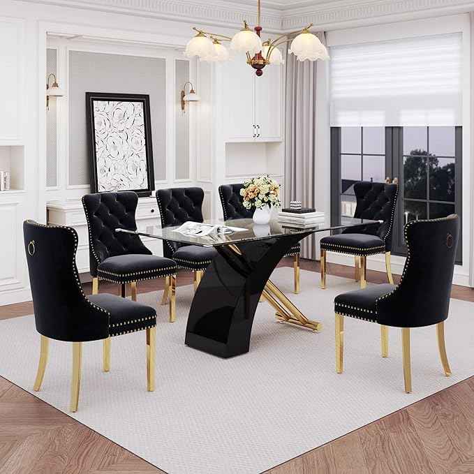 7 Piece Glass Dining Table Set for 6, 63" Modern Kitchen Table with 6 Black Velvet Chairs, Tempered Glass Tabletop with Black X-Shaped MDF Base, Modern Dining Room Set for Kitchen and Dining Room