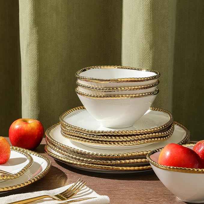 Christian Siriano Akoya Porcelain Dinnerware Set, 12-Piece - Dish Set for 4, Plates and Bowls Set, White and Gold