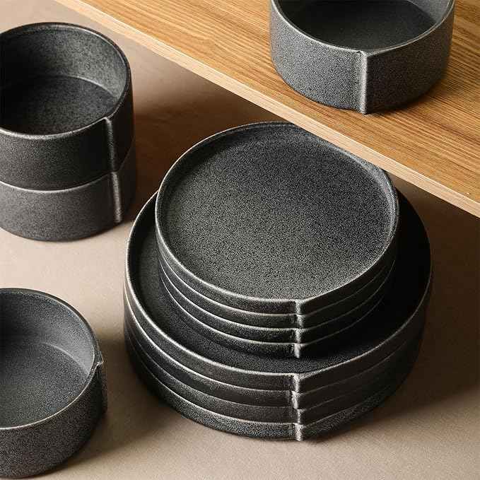 Stone Lain Bao Charcoal 24-Piece Stoneware Dinnerware Set – Service for 8, Round Dinner, Salad & Cereal Plates – Modern Textured Tableware for Everyday Dining & Entertaining