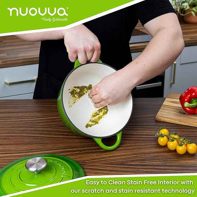Cast Iron Pot with Lid – Non-Stick Ovenproof Enamelled Casserole Pot, Oven Safe up to 500° F – Sturdy Dutch Oven Cookware – Green, 5-Quart, 24cm – by Nuovva