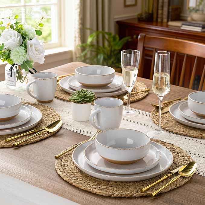 AmorArc Ceramic Dinnerware Sets with Pasta Bowls for 4, Handpainted Plates and Bowls Set with Rustic Terracotta Underside, Scratch Resistant Dishes Set, Dishwasher & Microwave Safe, 16 Pcs-White