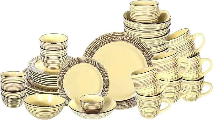 48 Piece Dinnerware Set, Ceramic Plates and Bowls Sets for 8, Microwave and Dishwasher Safe, Handcrafted Tree Bark Series Dish Set, Bamboo
